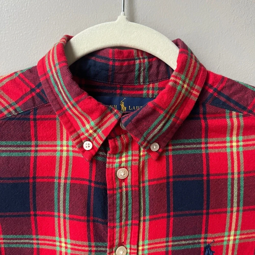 Ralph Lauren Flannel Shirt Boys Size 10/12 Red Plaid 100% Cotton Preppy Classic